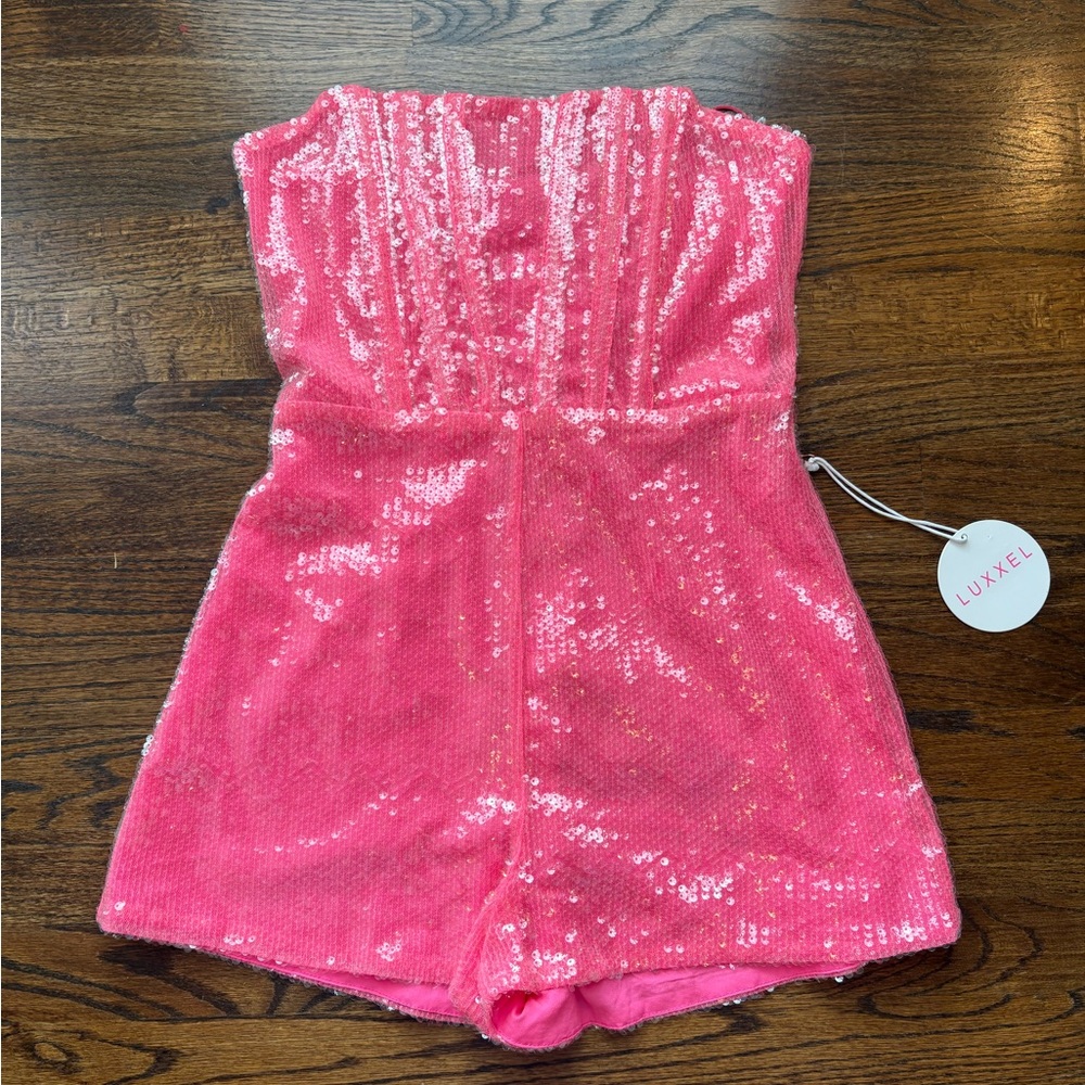 Luxxel Hot Pink Sequin Strapless Romper corset top NWT M